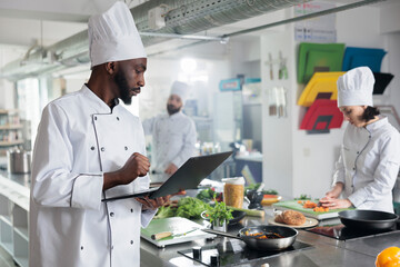 Gastronomy expert wearing professional cooking uniform while searching meal ideas. Gourmet cuisine head chef with laptop looking for gastronomic dish recipes and garnish ideas in restaurant kitchen.