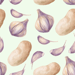hand drawn watercolor pattern with garlic