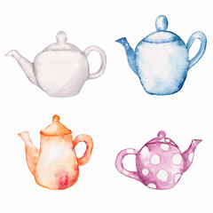 hand drawn watercolor orange and gray tea pot