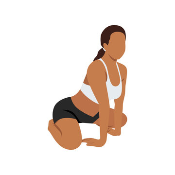 Woman doing Lion pose simhasana exercise. Flat vector illustration isolated on white background