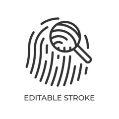 Evidence fingerprint. Proof left behind by criminals. Traces of a crime. Judicial materials. Vector illustration. Editable stroke linear icon.