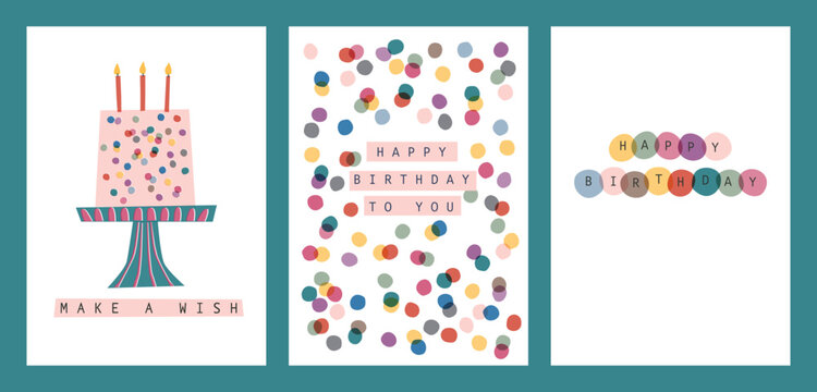 Set of Birthday Greeting Cards. Vector hand drawn illustration.