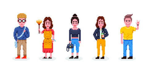People vector pixel style. Man and woman in casual clothes.