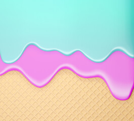 Top view ice cream waffle cone and cream texture. Summer is coming background for ice dessert promo. 3d rendering