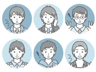 驚く若い男性の丸アイコンセット