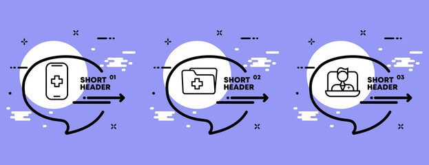 Red Cross set icon. Medical folder, online doctor help, ambulance call. Health care concept. Infographic timeline with icons and 3 steps. Vector line icon for Business and Advertising