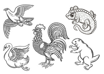 Fototapeta na wymiar Symbolic heraldic animals and birds. Set off eagle, beaver, rooster, swan and salamander.Traditional character styles for coats of arms and shields. Clip art, elements for design Vector illustration.