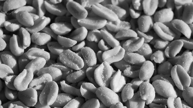 Closeup view 4k black and white stock video footage of many crispy tasty salty roasted peeled peanuts for background. Nuts spinning around slowly