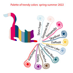 Palette of fashionable shades spring-summer 2022. Collection of abstract cats with pattern and name of the color of the year. Digital illustration
