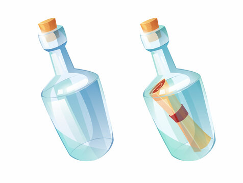 Bottle with paper message in it. Pirates symbol. Cartoon vector illustration.