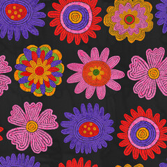 seamless pattern - embroidered craft flowers.Knitted hobby floral ornament.Vintage pattern for fabric with flowers, leaves,tulips, roses.Digital embroidery.Cottage core vintage textile.1970 embroidery