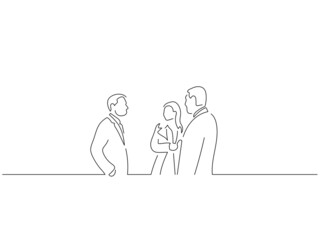 Company work team in line art drawing style. Composition of a group of business people doing their job. Black linear sketch isolated on white background. Vector illustration design.