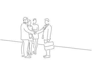 Company work team in line art drawing style. Composition of a group of business people doing their job. Black linear sketch isolated on white background. Vector illustration design.
