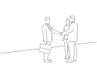 Company work team in line art drawing style. Composition of a group of business people doing their job. Black linear sketch isolated on white background. Vector illustration design.