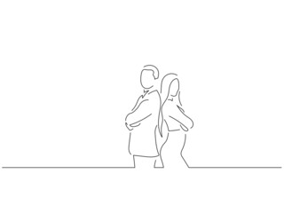 Company work team in line art drawing style. Composition of a group of business people doing their job. Black linear sketch isolated on white background. Vector illustration design.