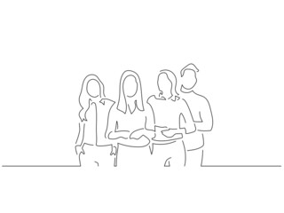 Company work team in line art drawing style. Composition of a group of business people doing their job. Black linear sketch isolated on white background. Vector illustration design.