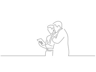 Company work team in line art drawing style. Composition of a group of business people doing their job. Black linear sketch isolated on white background. Vector illustration design.