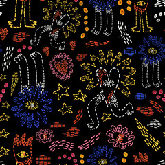 seamless pattern - embroidered craft flowers.Knitted hobby floral ornament.Vintage pattern for fabric with flowers, leaves, tulips, roses.Digital embroidery.Cottage core vintage textile.Ethnic folk	