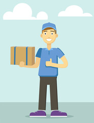Delivery man, courier with parcel. Vector illustration, flat design