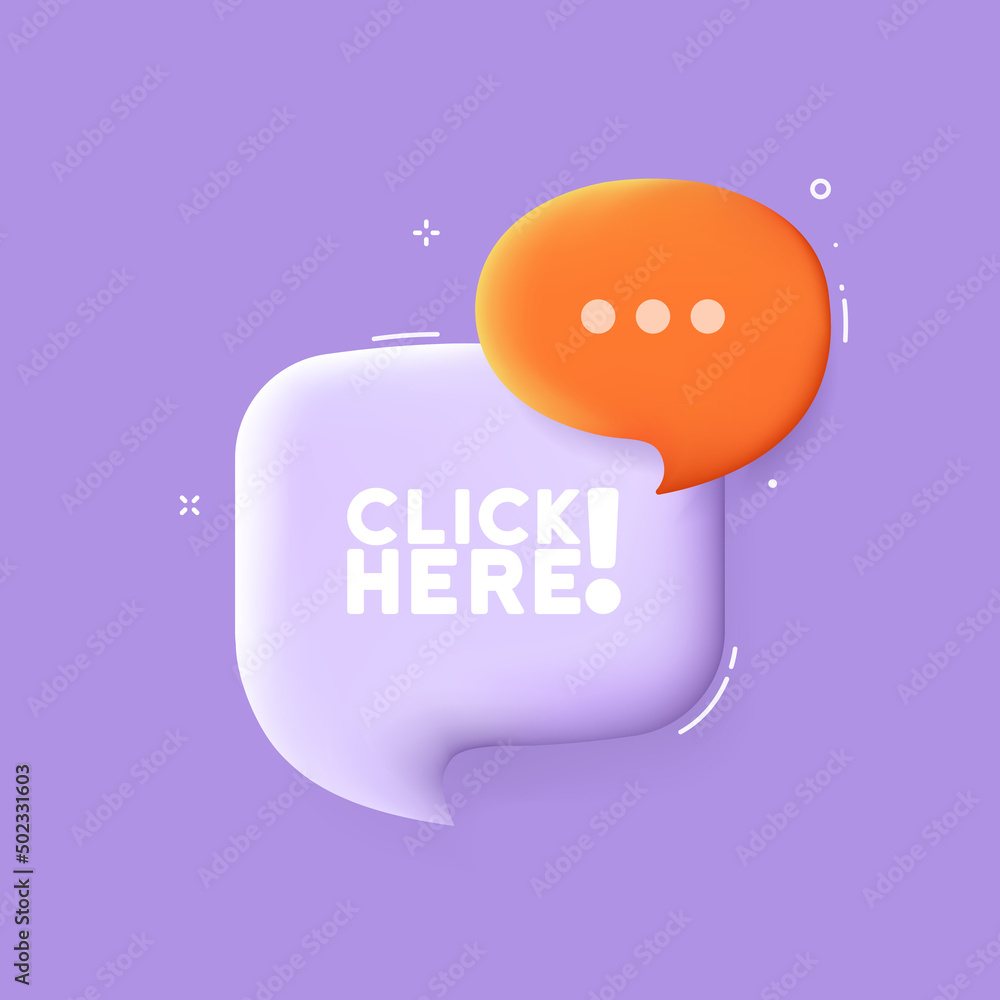 Poster click here. speech bubble with click here text. 3d illustration. pop art style. vector line icon for