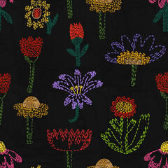 seamless pattern - embroidered craft flowers.Knitted hobby floral ornament.Vintage pattern for fabric with flowers, leaves, tulips, roses.Digital embroidery.Cottage core vintage textile.Ethnic folk	