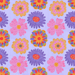seamless pattern - embroidered craft flowers.Knitted hobby floral ornament.Vintage pattern for fabric with flowers, leaves, tulips, roses.Digital embroidery.Cottage core vintage textile.Ethnic folk	