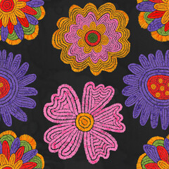 seamless pattern - embroidered craft flowers.Knitted hobby floral ornament.Vintage pattern for fabric with flowers, leaves, tulips, roses.Digital embroidery.Cottage core vintage textile.Ethnic folk