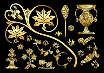 Byzantine traditional historical motifs of animals, birds, flowers and plants Clip art, set of elements for design in gold and black Vector illustration.