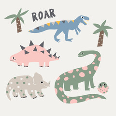 Set of cute dinosaurs. Vector hand drawn illustration in flat cartoon style. All elements are isolated.