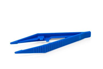 Blue plastic sterile surgical tweezers isolated on white background.