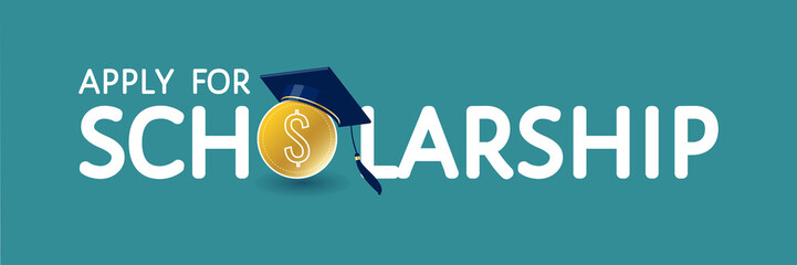 Apply for scholarship vector concept. Text with dollar coin, traditional graduate cap, mortarboard hat. For university, college, high school landing page, template, ui, web, mobile app, poster, banner - obrazy, fototapety, plakaty