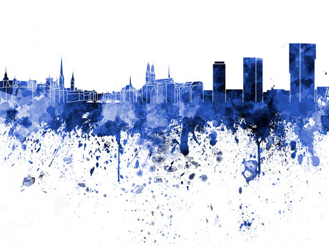 Zurich skyline in blue watercolor on white background