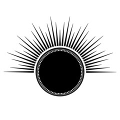 Hand drawn mystical Sun in line art. Sunburst, light rays, spiritual symbol celestial space. Magic talisman, antique style, boho, tattoo, logo. Vector illustration isolated on white background.