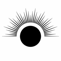 Hand drawn mystical Sun in line art. Sunburst, light rays, spiritual symbol celestial space. Magic talisman, antique style, boho, tattoo, logo. Vector illustration isolated on white background.