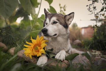 Alaskan Malamute dog with sunflower