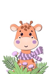 Cute Poster with cartoon animals for children‘s room, greeting cards, children‘s clothing. Nursery printable art. Cute baby giraffe in flowers