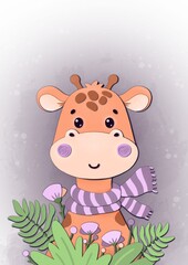 Cute Poster with cartoon animals for children‘s room, greeting cards, children‘s clothing. Nursery printable art. Cute baby giraffe in flowers