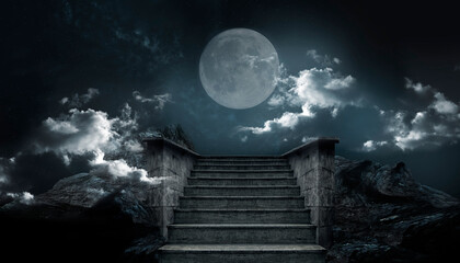 Staircase to the top. Night dramatic scene with stairs and clouds. Fantasy landscape, mountain, stairs, clouds, moonlight. 3D illustration.