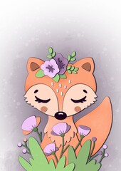 Cute Poster with cartoon animals for children‘s room, greeting cards, children‘s clothing. Nursery printable art. Cute baby fox in flowers