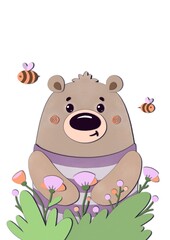 Obraz na płótnie Canvas Cute Poster with cartoon animals for children‘s room, greeting cards, children‘s clothing. Nursery printable art. Cute baby bear in flowers