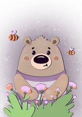 Cute Poster with cartoon animals for children‘s room, greeting cards, children‘s clothing. Nursery printable art. Cute baby bear in flowers