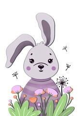 Cute Poster with cartoon animals for children‘s room, greeting cards, children‘s clothing. Nursery printable art. Cute baby rabbit in flowers