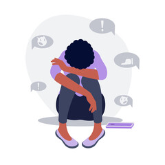 Depressed black woman sitting  on the floor with phone surrounded by message bubbles. Cyber bullying in social networks and online abuse concept. Vector flat cartoon illustration