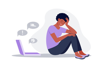 Depressed black woman sitting  on the floor in front of laptop screen  surrounded by message bubbles. Cyber bullying in social networks and online abuse concept. Vector flat cartoon illustration