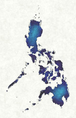 Philippines map with drawn lines and blue watercolor illustration