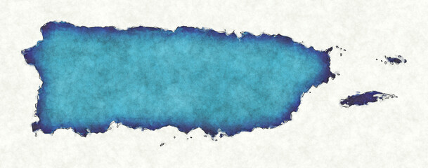 Puerto Rico map with drawn lines and blue watercolor illustration