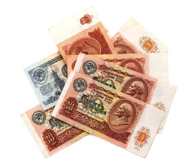Several banknotes of 10 rubles with a portrait of Lenin - a vintage withdrawn banknote from the circulation of the country.