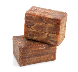 Two bars of old natural soap isolated on white