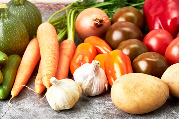Variety of fresh and healthy organic fruits and vegetables. Healthy food. Vegetarian food