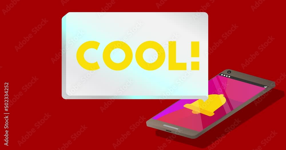 Poster cool text on notification bubble from portable information device screen. mobile app message, connec